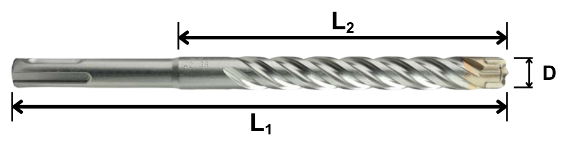 Punta sds plus con 4 taglienti disegno tecnico